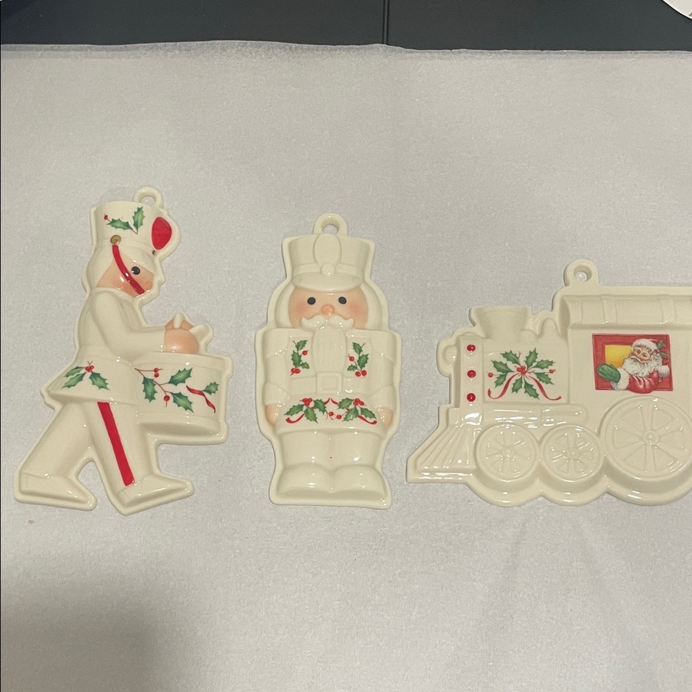 Lenox Holiday Drummer, Nutcracker, train cookie press ornaments (3)